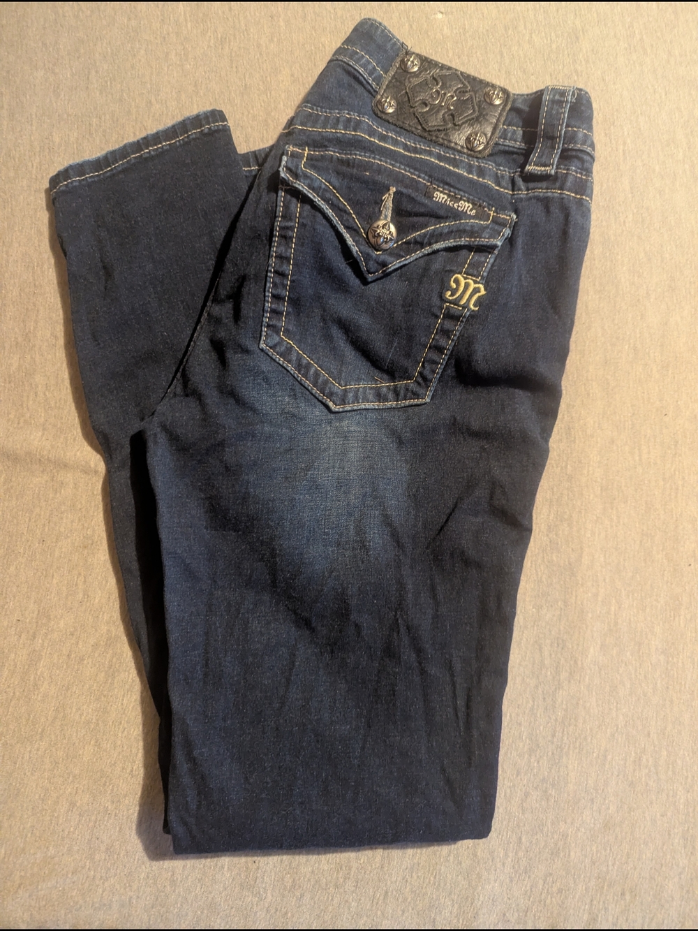 Miss Me Dark Indigo Skinny Jeans with Gold Accents